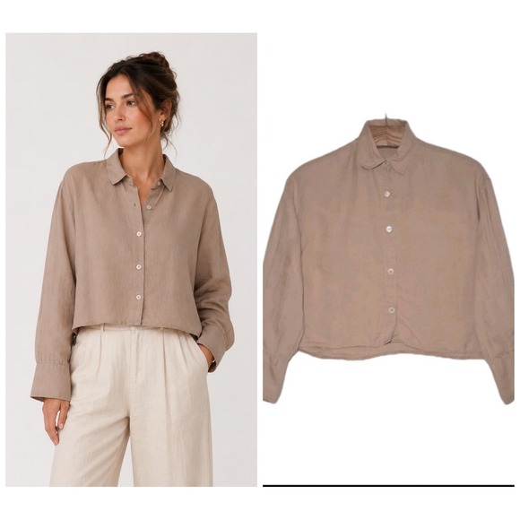 Zara Tops - Zara Womens 100% Linen Cropped Button Down Shirt Brown Medium Boxy minimalist